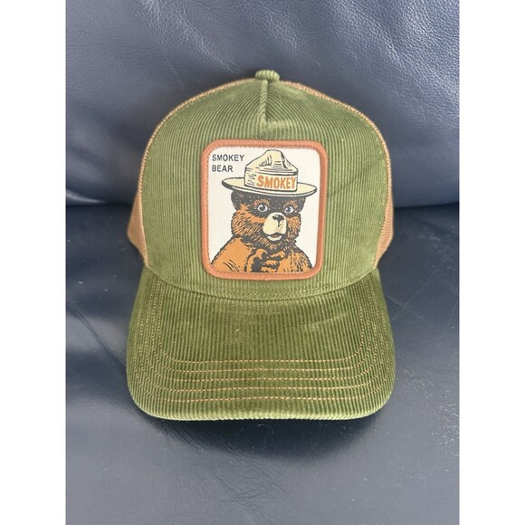 Smokey Bear Patch Corduroy Mesh Snapback Trucker Hat Wildfires NWT Authentic - Picture 1 of 1